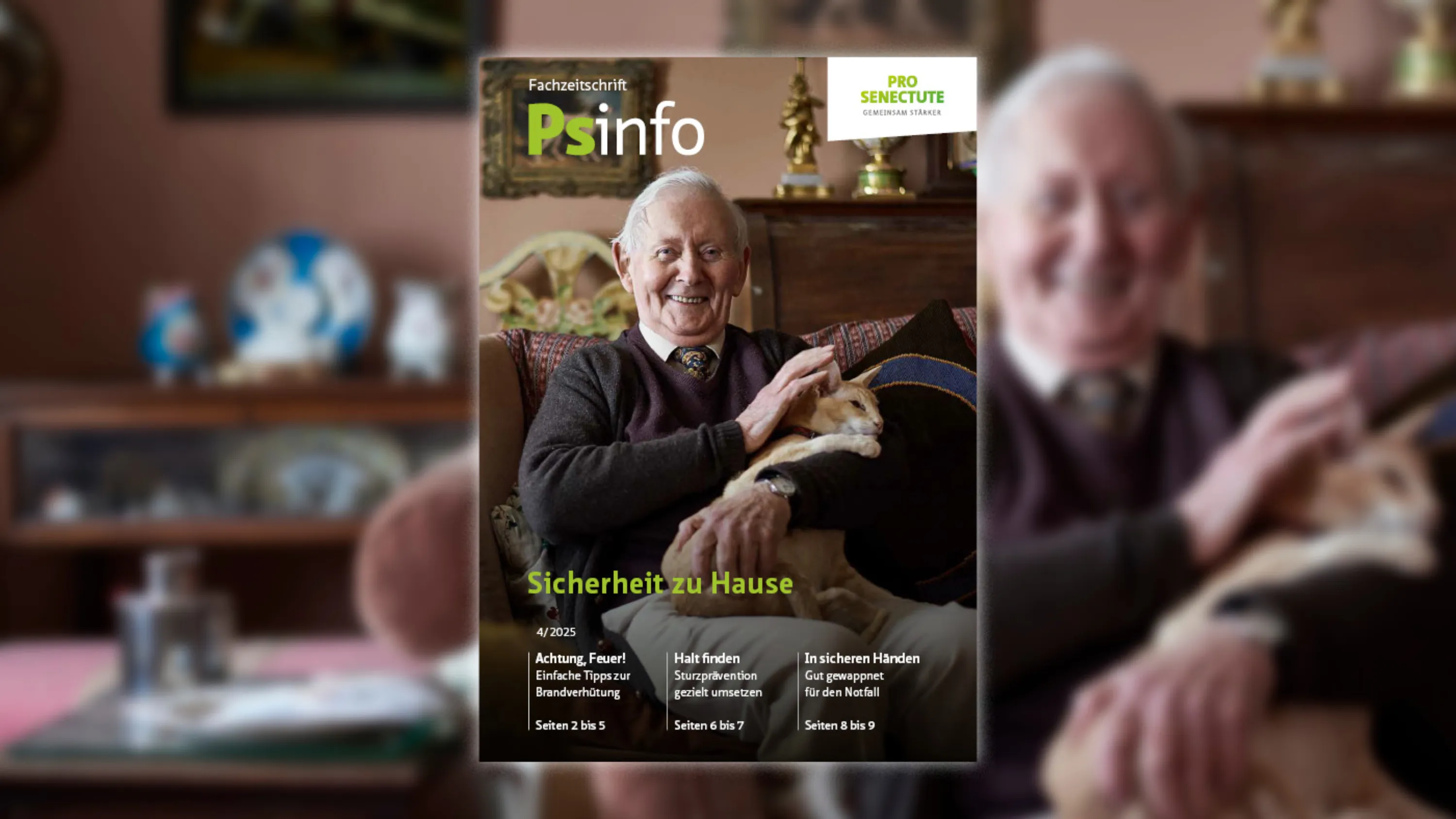 Titelseite von Psinfo 05/2024: Älterer Herr sitzt mit Katze im Arm auf dem Sofa