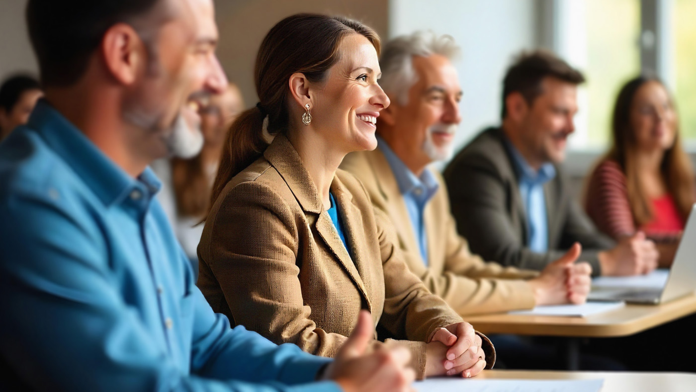 Une groupe de personnes est assise à des tables dans le cadre d’une formation continue.
