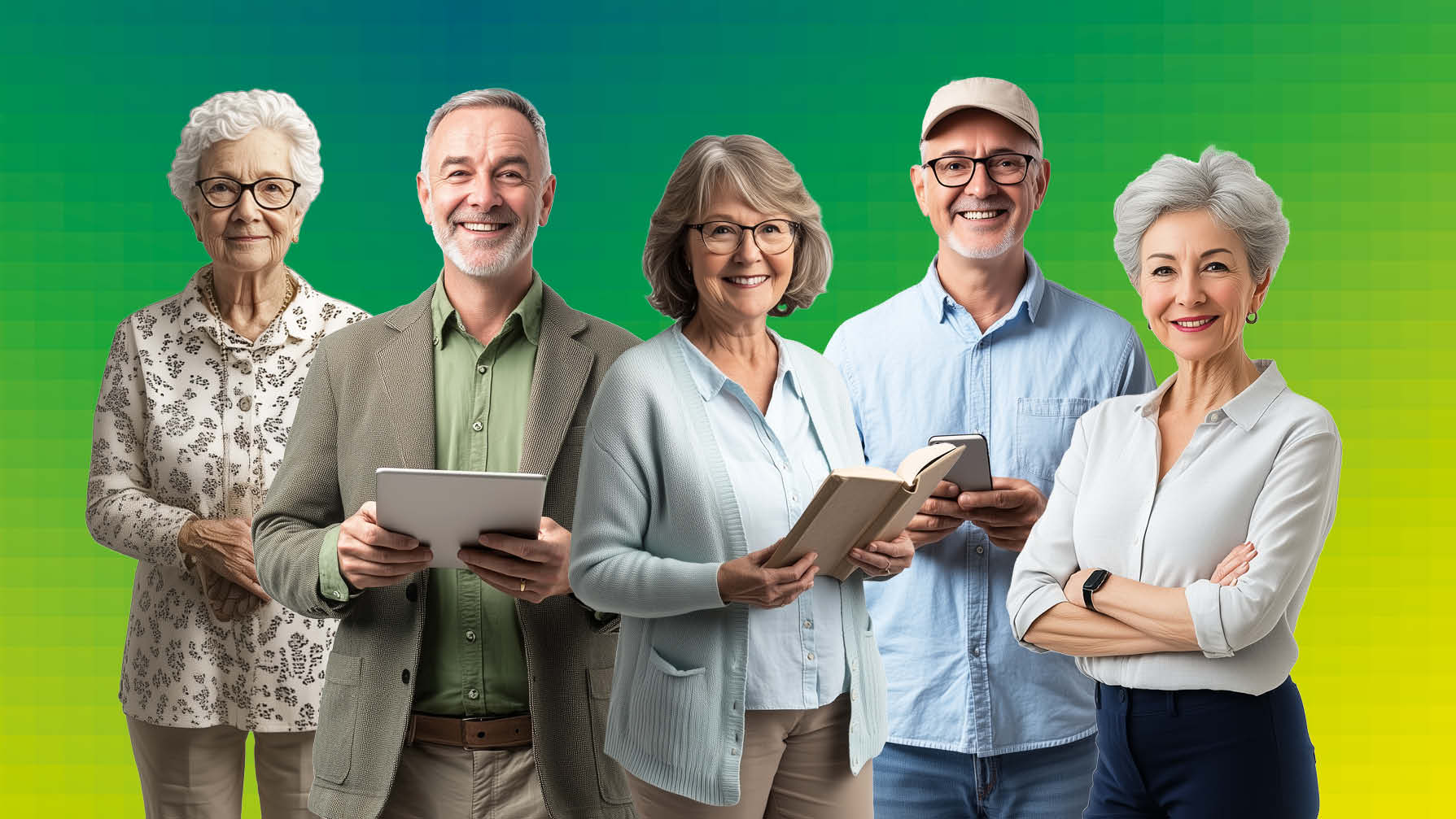 Cinq personnes âgées regardent la caméra.